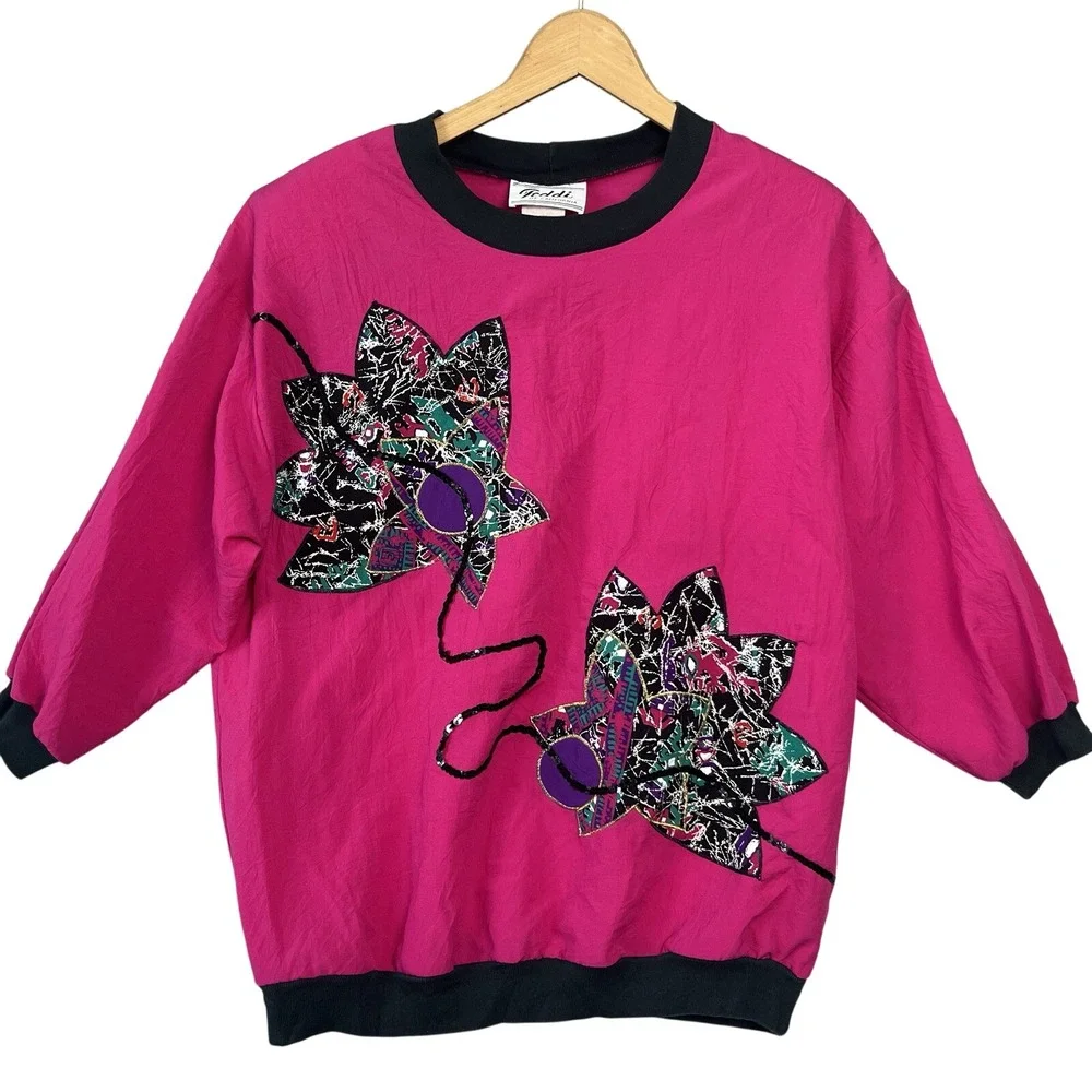 VTG 80s Teddi of California Nylon‎ Embellished Shirt Pink Retro Sz M costume